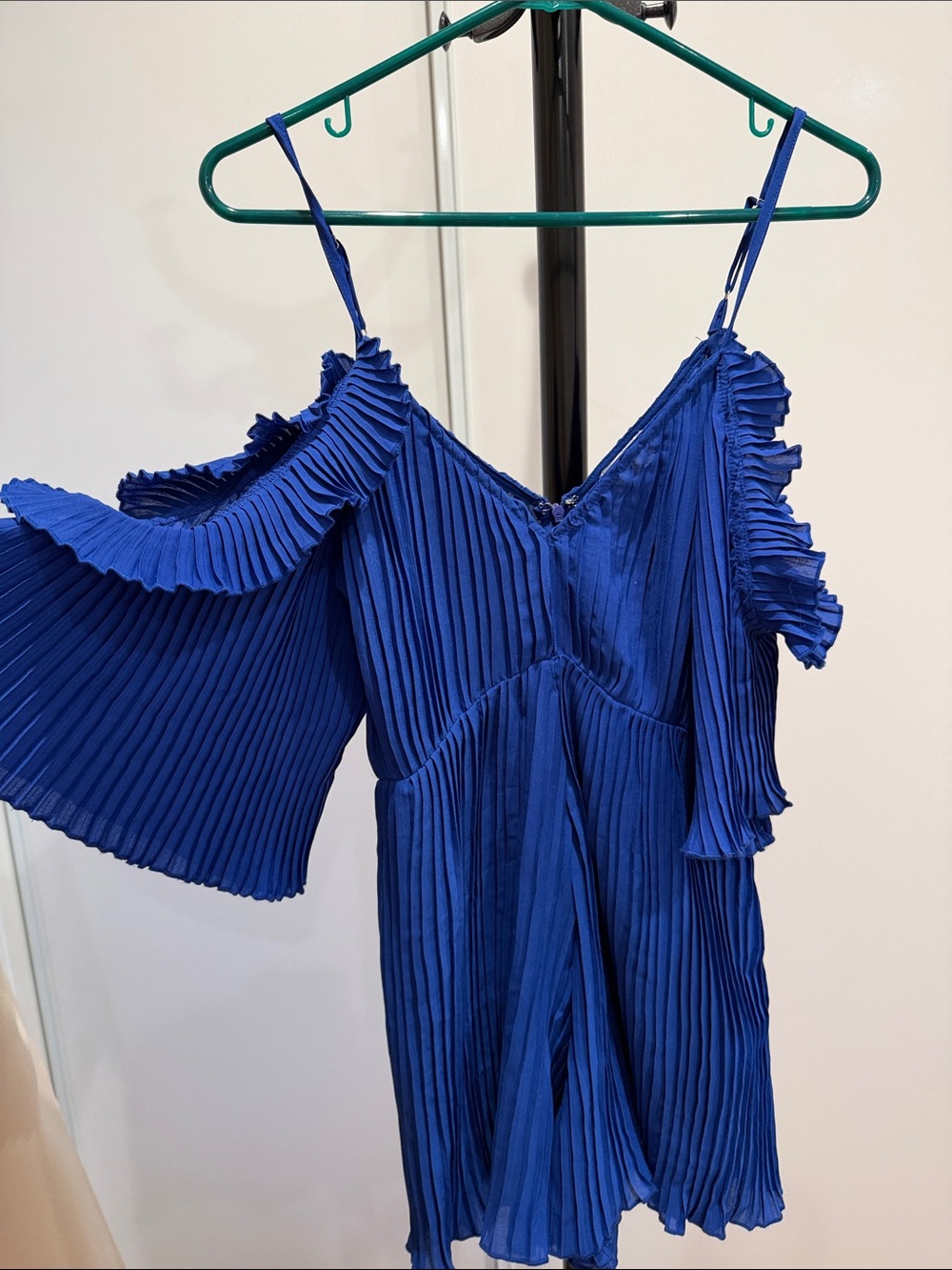 Tiger Mist Royal Blue Pleated Off-Shoulder Jumpsuit Romper